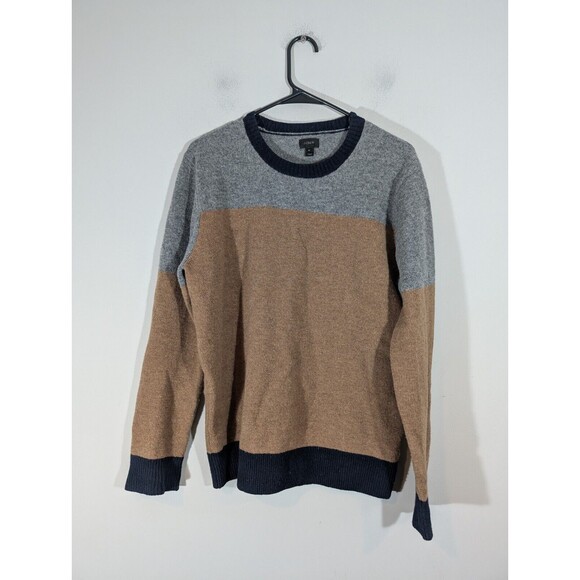 J. Crew Sweater Men Sz M Colorblock Gray Tan Lambswool Crew Neck Preppy Pullover - Picture 1 of 7